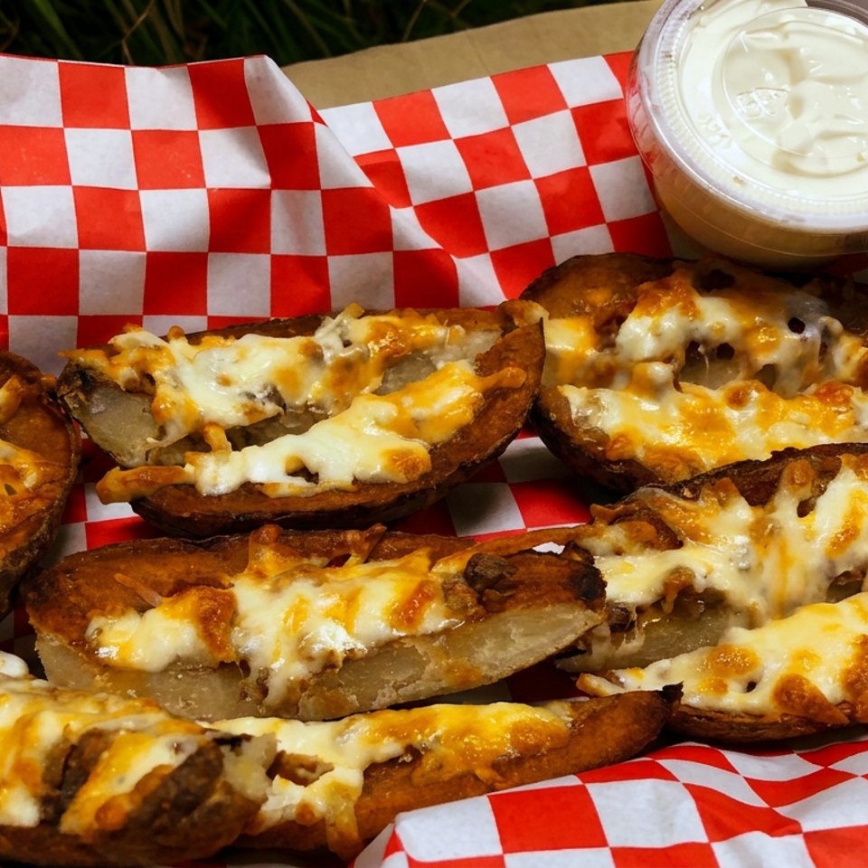 Cheesy loaded potato skins arranged on red-and-white checkered paper with a cup of dipping sauce.