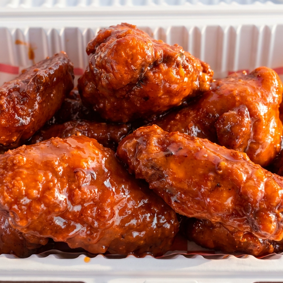 Basket of glossy, sauce-coated chicken wings served on red-and-white checkered paper.