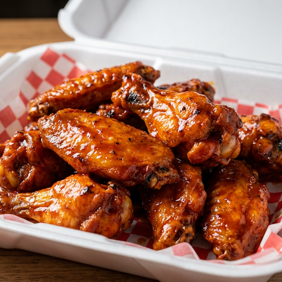 Glazed chicken wings piled in a white takeout container lined with red-and-white checkered paper on a wooden table.