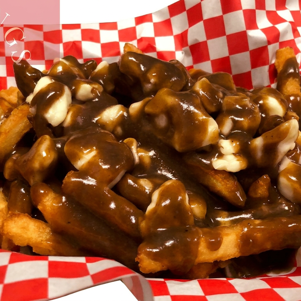 Golden fries topped with cheese curds and rich brown gravy, served in a red-and-white checkered paper basket.