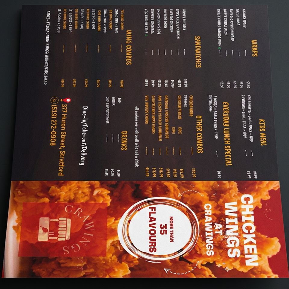 Open restaurant menu featuring chicken wings, combo meals, sandwiches, wraps, kids meals, drinks, and a 35-flavor claim.