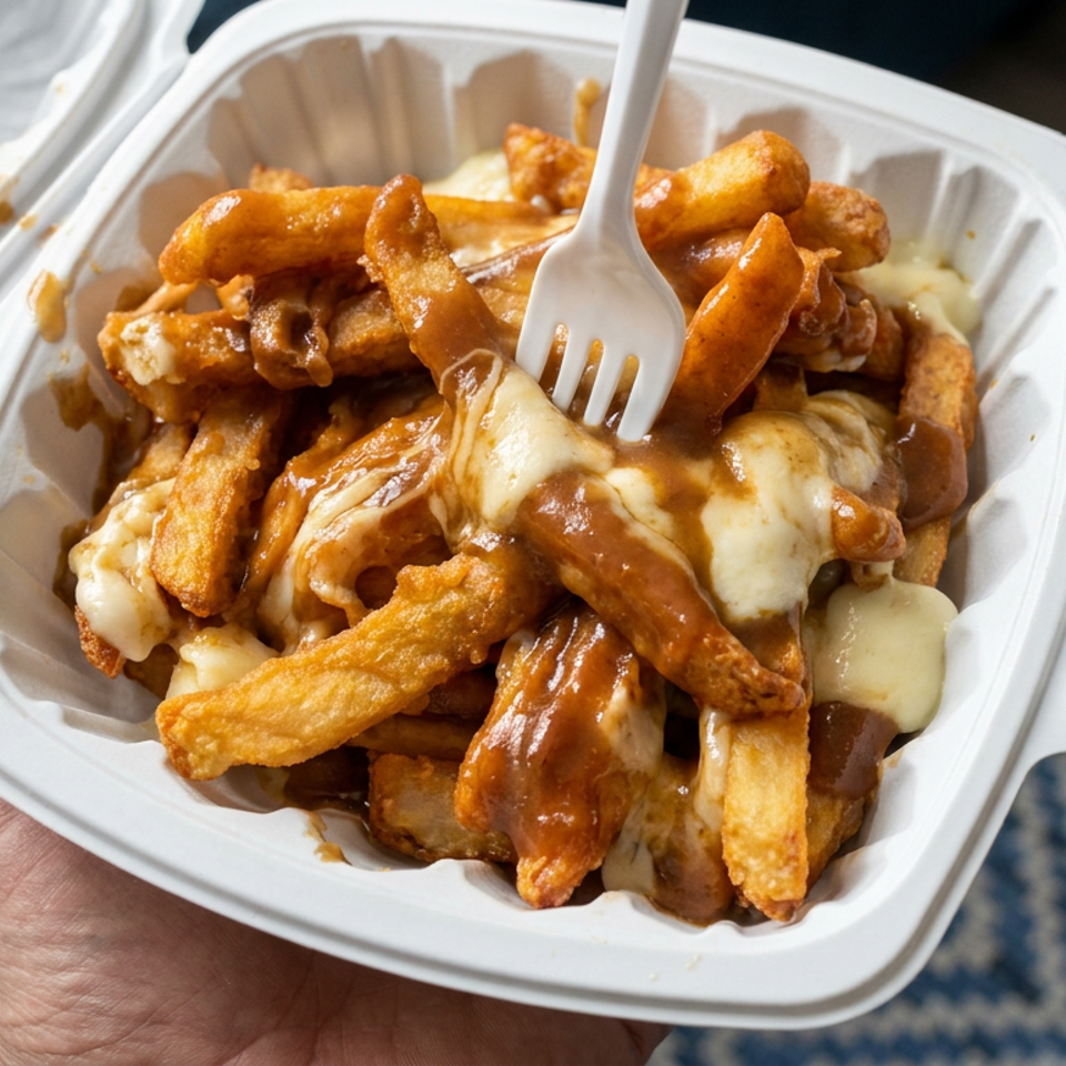 Takeout container filled with golden fries, melted cheese, and brown gravy, held with a plastic fork.