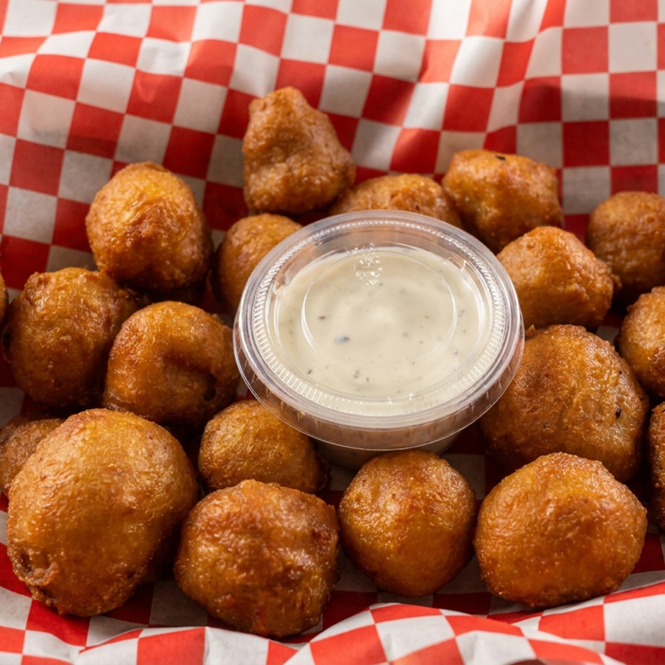 Golden-brown fried hush puppies surround a cup of creamy dipping sauce on red-and-white checkered paper.