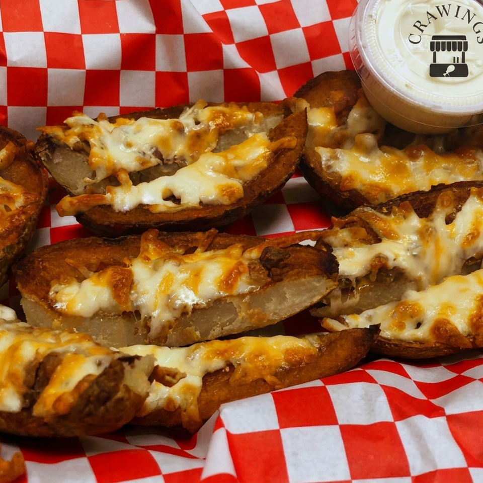Cheesy loaded potato skins arranged on red-and-white checkered paper with a container of dipping sauce.