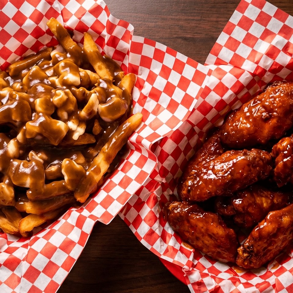 Two baskets of comfort food on red-and-white checkered paper: gravy-covered fries and glazed chicken wings.