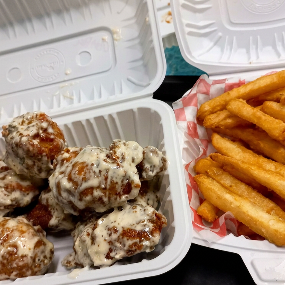 Open takeout containers hold saucy meatballs and golden French fries on a checkered liner.